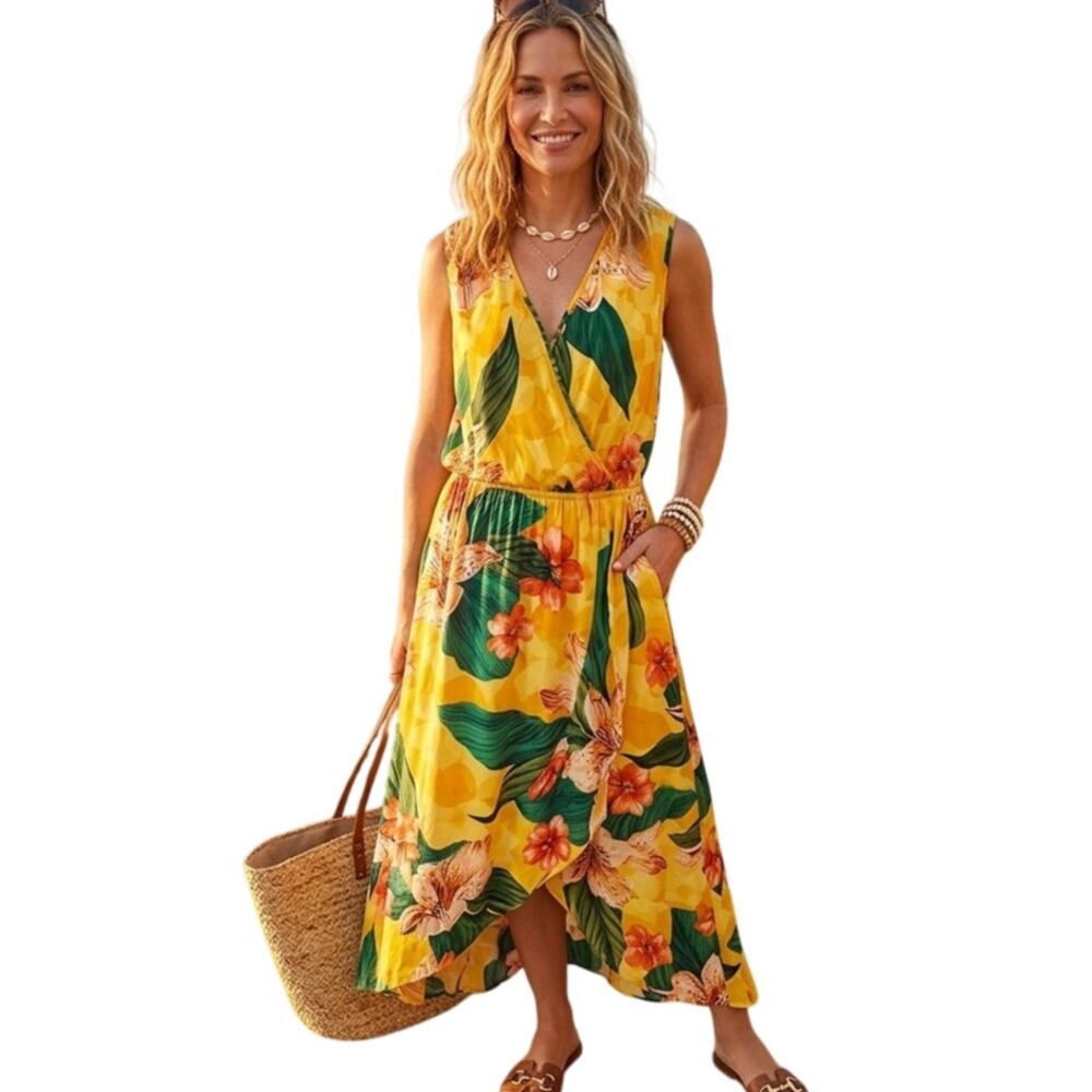 Kindred Tropical Maxi Dress Womens Size 2X Yellow Green Faux Wrap Colorful Long